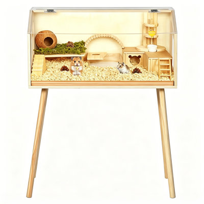 Chew-Proof Wooden Hamter Cage with Legs, Large Guinea Pig Cage with Acrylic Window & Openable Top for Chinchilla, Gerbil & Small Pets