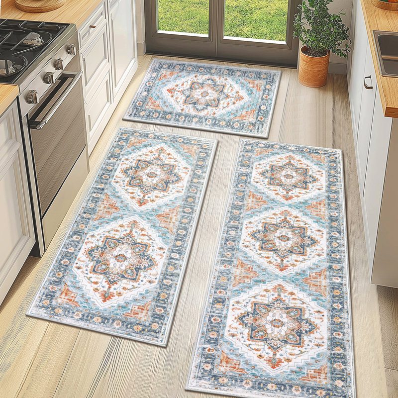 Machine Washable Kitchen Mat with Non-Slip Backing (Set of 3), Blue