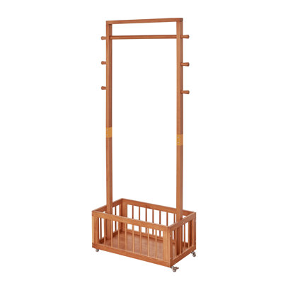 19.68"×15.75"×70.87" Solid Wood Freestanding Coat Rack with Rolling Wheels & Storage Basket, Clothes Hanger Stand with Side Hooks, Garment Rack,Cherry Finish