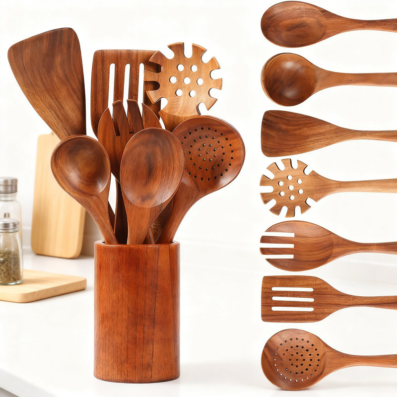 Ensemble d'ustensiles de cuisine 8 pièces en bois de teck avec tonneau de rangement, cuillères et spatules en bois naturel pour batterie de cuisine antiadhésive, outils de cuisson durables et résistants à la chaleur