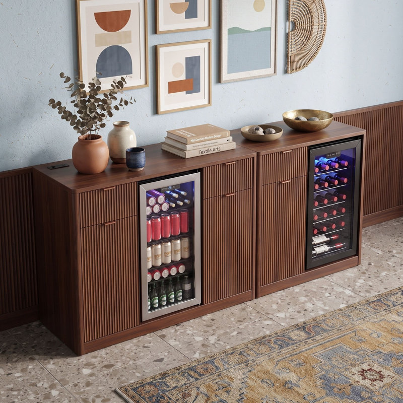 Ensemble de deux meubles de bar à café avec compartiments pour réfrigérateur et rangements basculants, Noyer brun