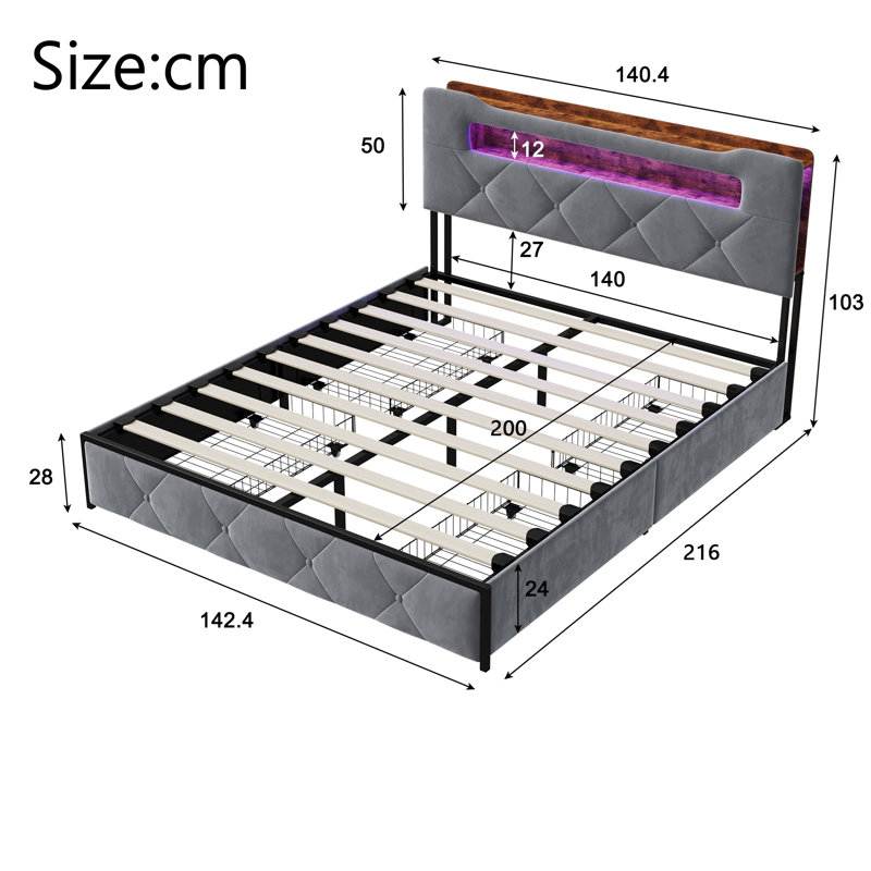 Bed, European Double (140 x 200 cm), Gray