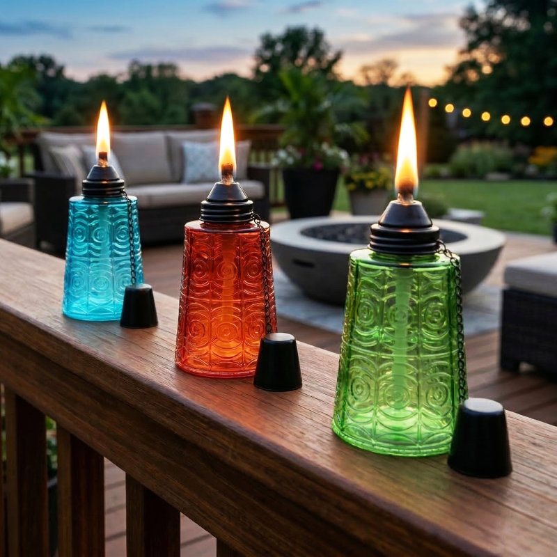 Torches Tiki Citronella, Bleu / ambre / vert