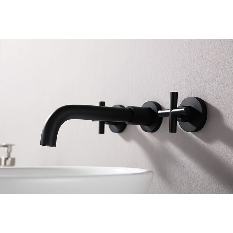 Robinet de salle de bain mural à deux poignées en noir mat - Rouille, corrosion, égratignure, ternissure, débit de débit de 1,5 gallon par minute, bec de 8 po de hauteur, plaque de plate-forme de 7 po de portée centrale, ensemble de drain, conduite d'alimentation