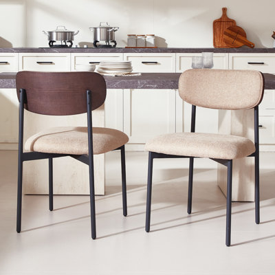 Ensemble de 2 chaises de salle à manger en tissu, chaises de cuisine rembourrées sans dossier avec dossier en grain de bois, chaises de salle à manger modernes avec dossier incurvé et pieds en métal