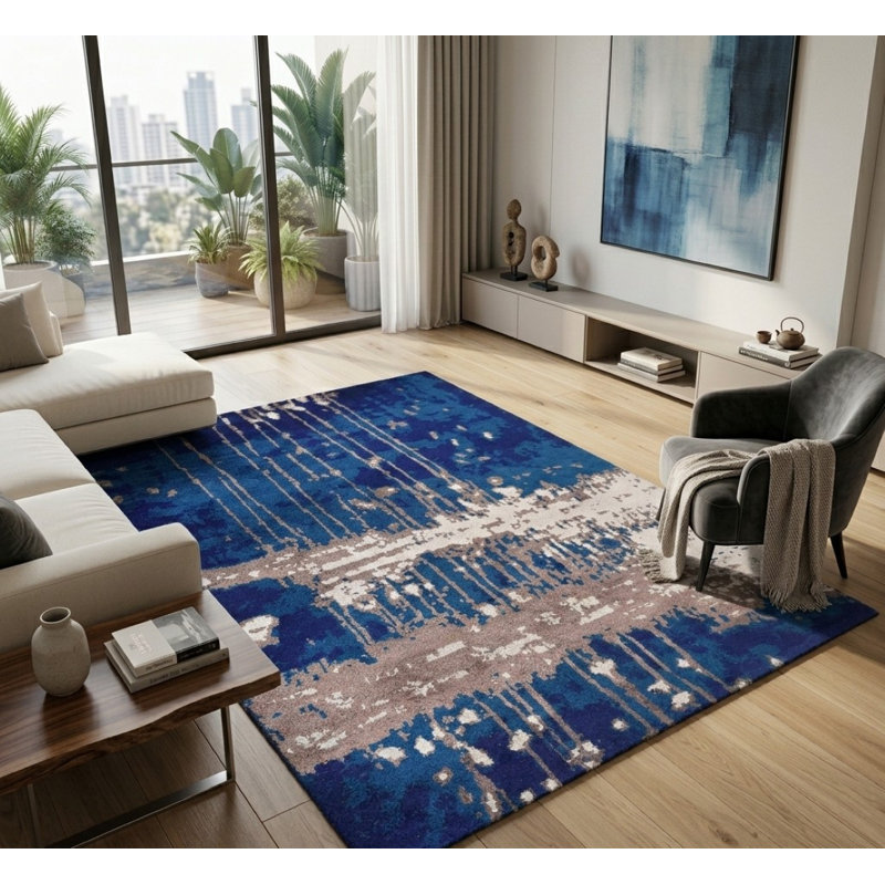Premium Quality Abstract Hand Knotted Silk Blue | Beige Rectangle Indoor Area Rug, Rectangle 6' x 9'