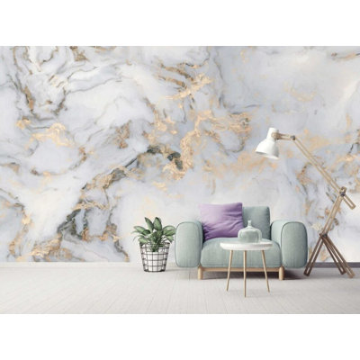 Murale en marbre gris et or | Papier peint effet marbre de luxe | Non-tissé ou pelez et collez