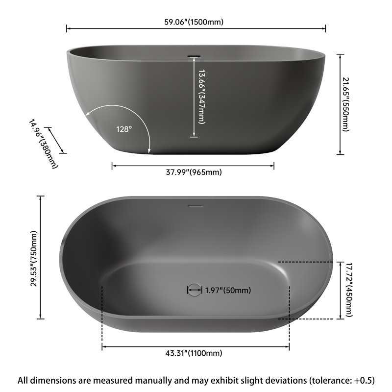 Oval Solid Surface Bathtub, Freestanding Soaking Bathtub, Dark Gray