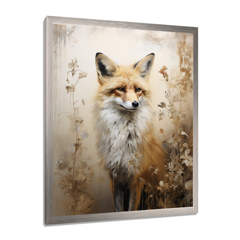 Portrait minimaliste de renard dans la forêt I - art mural renard, Cadre simple argenté, H 40 po x l 30 po x P 1,5 po