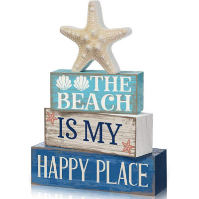 4 Pcs Summer Table Decoration Beach Starfish Tiered Tray Decor | Starfish Coastal Wooden Block Sign Gifts Blue and White Ocean Centerpieces Farmhouse Nautical Decor for Home Shelf Mantel