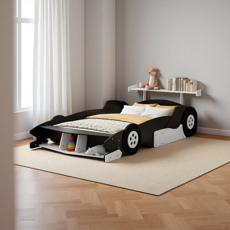 Lit plateforme pleine grandeur en forme de voiture de course avec roulettes, Noir