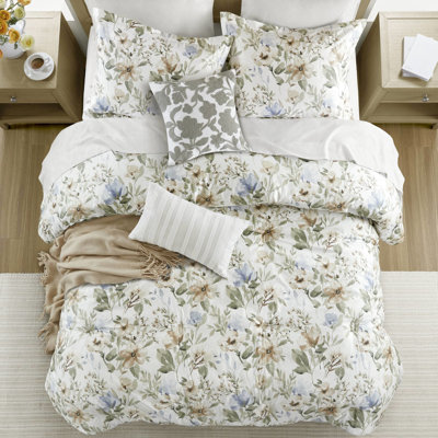 Édredon très grand 6 pièces avec imprimé en coton, motif floral naturel, 100% coton, rembourrage 300 g / m² pour une utilisation toute saison, broderie exquise sur des coussins décoratifs, imprimé avec des éléments vibrants, tissage 300Tc