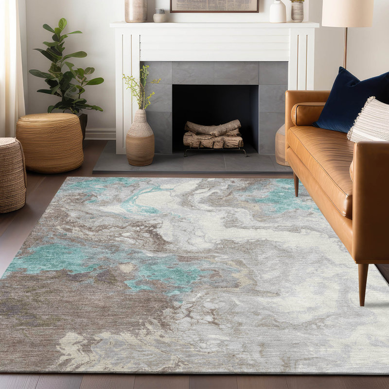 Tapis bleu sarcelle lavable à la machine intérieur / extérieur Xhevrie, Rectangle 10 pi x 14 pi