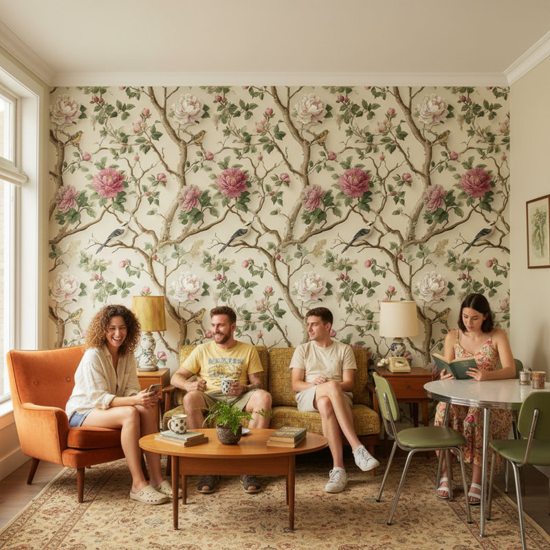 Papier peint floral, oiseaux, décoration murale traditionnelle amovible