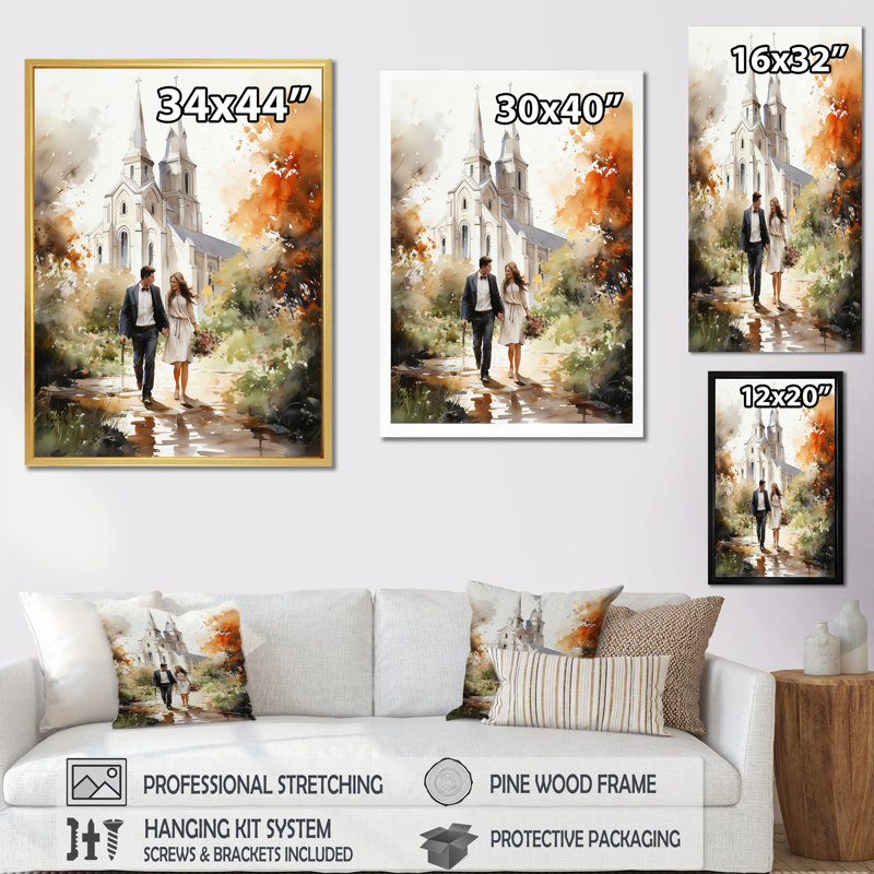 Couple in Love, chapelle de mariage, aquarelle rustique - reproduction sur toile, H 32 po x l 24 po x P 1 po