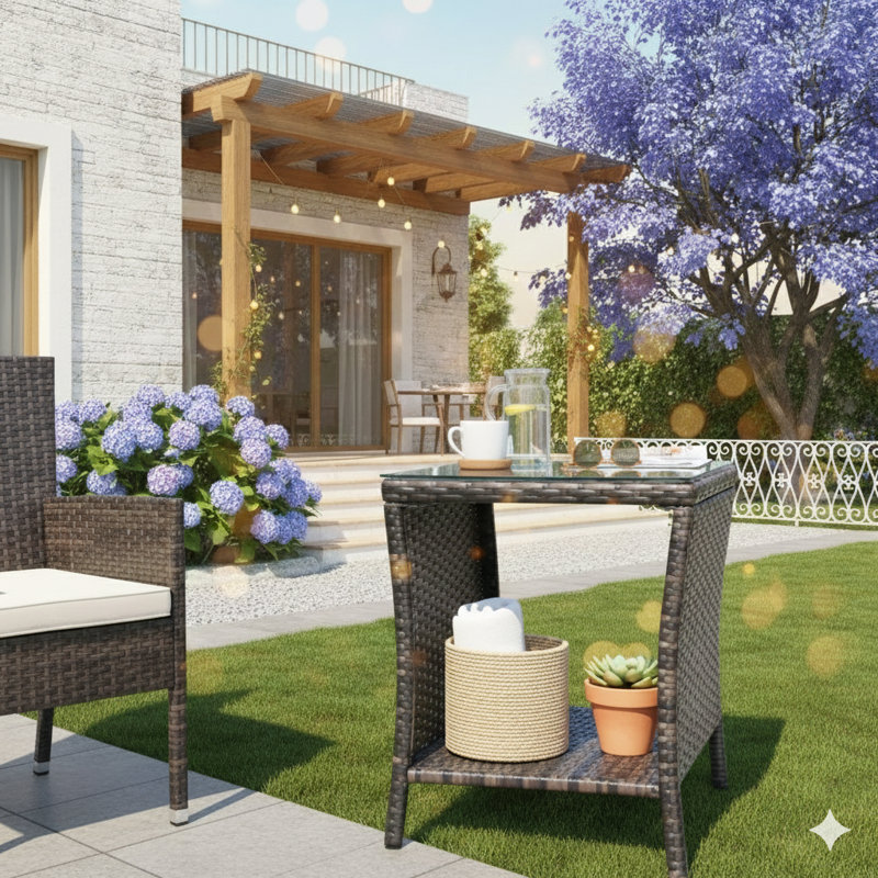 Ensemble de mobilier d'extérieur comprenant 1 table basse avec plateau en verre trempé transparent.