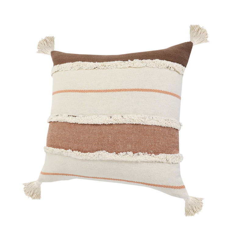 Coussin décoratif à rayures 100% coton Contemporary, Brun / pêche / brun clair / blanc, Carrée