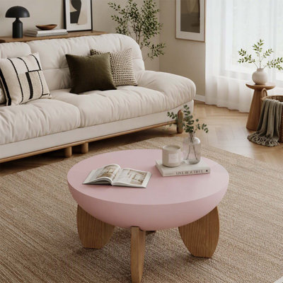 Table basse ronde moderne avec plateau en forme de bol, pieds en bois massif, finition peinte lisse, montage facile pour les petits espaces, rose et noyer