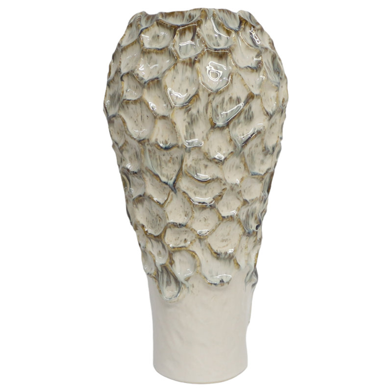 Vase de table asymétrique en céramique pour décoration de salon - Grand vase sculptural pour salon, console ou entrée - Ivoire et brun clair
