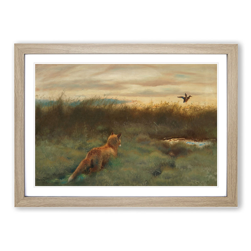 Fox and Duck by Bruno Liljefors - Picture Frame Painting, Oak Framed, 36cm H x 48cm W x 2cm D