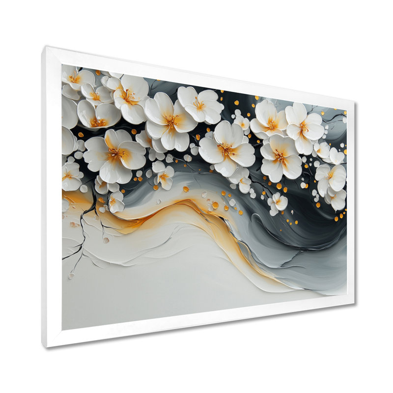 Velours fleur de cerisier noir III - art mural fleur de cerisier, H 30 po x l 40 po, Cadre simple, Blanc