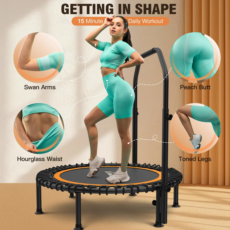 48" Foldable Mini Trampoline with 4-Level Adjustable Foam Handle and Resistance Bands, Orange