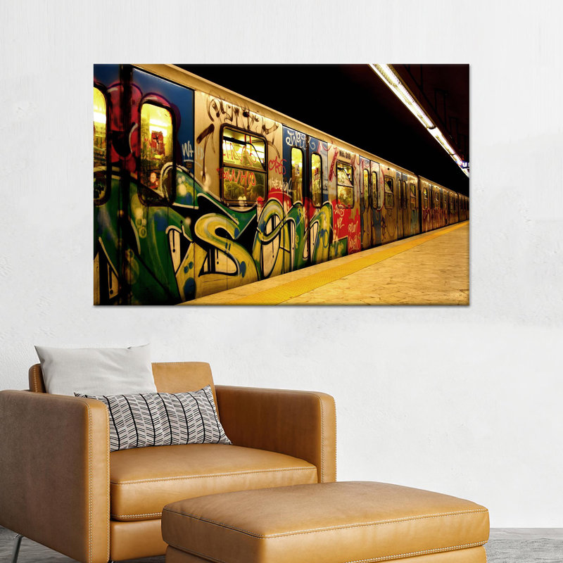 "Urban Graffiti Subway Train", reproduction d'art sur toile tendue 1P, Hauteur : 35,4 pouces x Largeur : 59,1 pouces