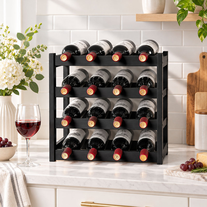 Support à vin 16 bouteilles à 4 niveaux pour comptoir en bambou avec rangement Wave