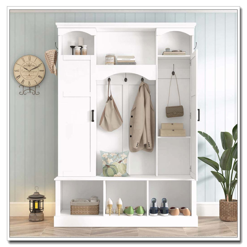 Modern All-in-One Hall Tree with Adjustable Shelves, Classic Arched Farmhouse Storage Bench with Dual Side Cabinets, White