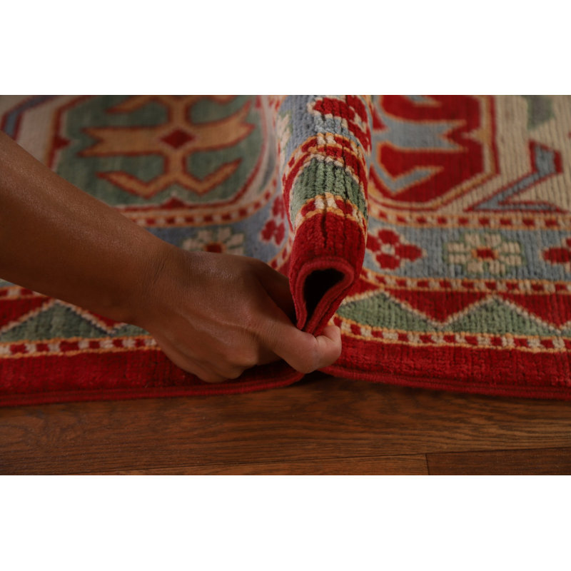 Tapis rouge / ivoire / vert en laine noué à la main de conception unique 8 pi 8 po x 11 pi 9 po New Age