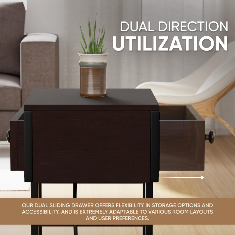 End Table With Charging Station - C Shaped Living Room Side Table With Drawer & Manual - Durable Bedside Table For Tidy Space