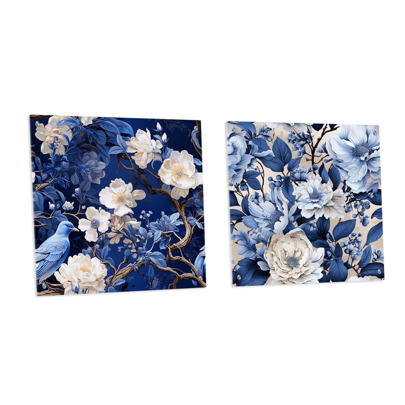 Cobalt bleu chinoiserie II motif victorien - ensemble d'art mural en acrylique sur verre floral, H 16 po x l 33 po