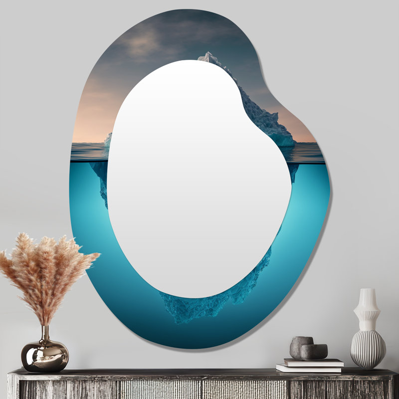 Naswith Iceberg demi sous la surface de l'eau I - miroir décoratif de forme unique côtière, miroir mural asymétrique bleu, impression d'art en métal
