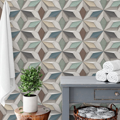 Diamond Geometric Ceramic-Style Wallpaper – 3D Illusion Mosaic Wall Mural for Accent Walls or Hallways – Suitable For All Textured Walls