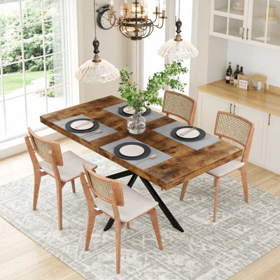 Table de salle à manger rectangulaire de 55,11 po à 70,86 po avec plateau en bois antique et plaque en relief de même couleur, avec boîte de rangement, convient aux salles à manger, aux cuisines et aux salons, brun noir