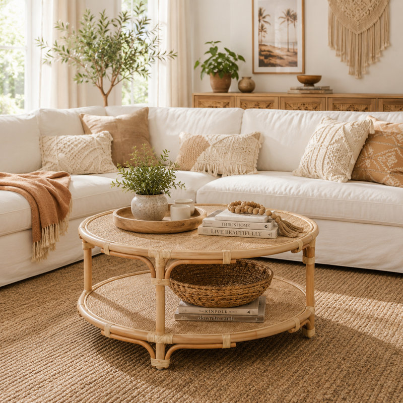 Table basse ronde en rotin beige