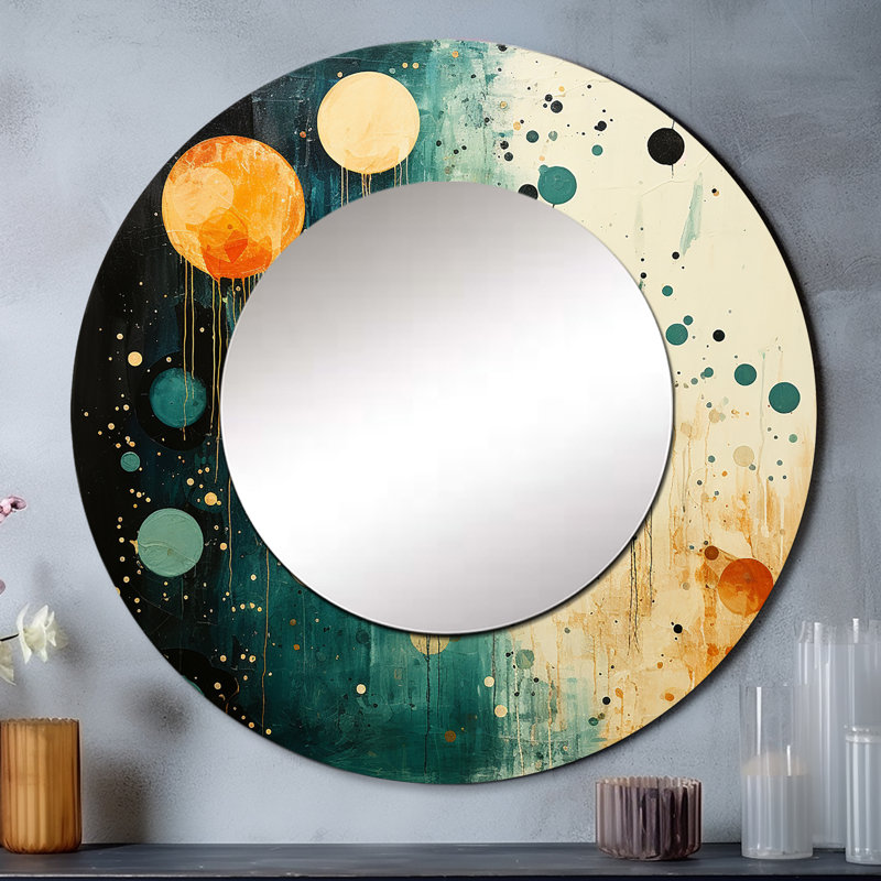 Bleu sarcelle orange Mid Century Minimalist Oasis I - grand miroir minimaliste, miroir mural décoratif rond moderne, impression d'art en métal