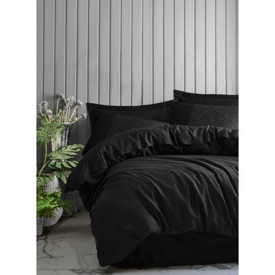 Ensemble de housse de couette luxueuse en satin 100% coton, noir | Jacquard Design, housse de couette (79 x 87), drap plat (95 x 102), 2 taies d'oreiller (20 x 28), 2 taies d'oreiller Oxford (20 x 28) | Lavable, élégant et confortable