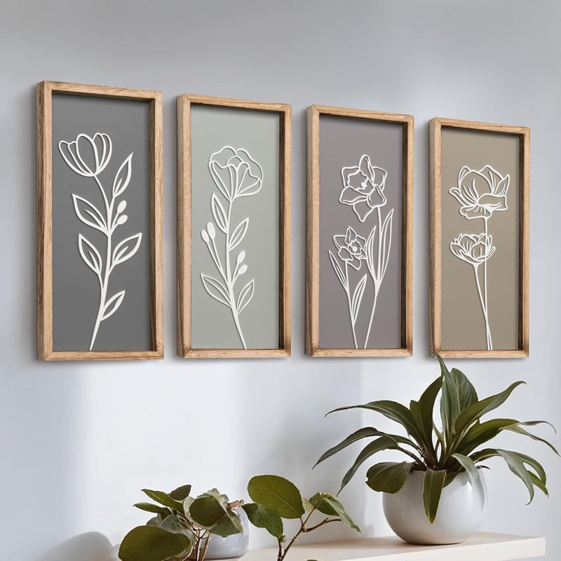 Ensemble de 4 décorations murales florales 3D en bois