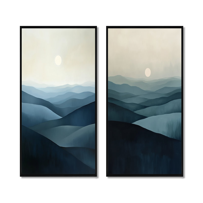 Crêtes du soleil pâle I - Ensemble de 2 décorations murales modernes de paysage, 60" H x 56" W, Black Floater Framed