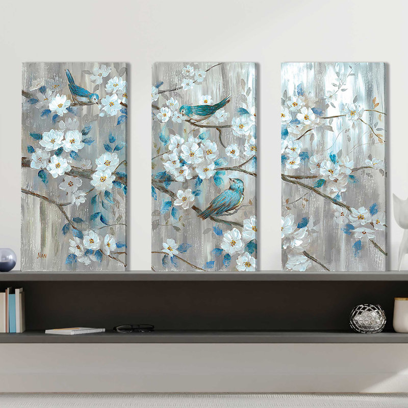 «Teal Birds», reproduction sur toile 3 pièces, H 32 po x l 48 po x P 1 po