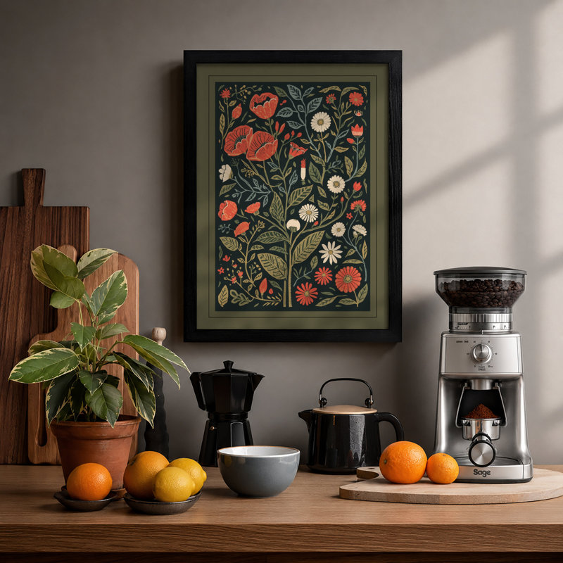 Poppy Garden Pattern Botanical - Framed Print, A2 - 59.4 x 42.0 cm, Black
