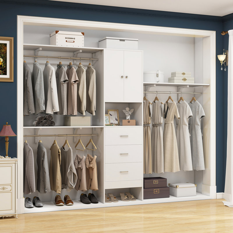 Bedrije 20"-96" (or 120" W) Wooden Closet Organizer With Doors And Drawers, White, 79.7" H x 95.8" W x 15" D
