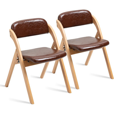 Wooden Stackable PU Folding Chairs with Padded Seats, Set of 2, Wood