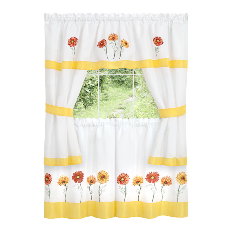 Kate Aurora Embroidered Sunflowers & Daisies 5 Piece Cottage Kitchen Curtain Set, 58" W x 36" L