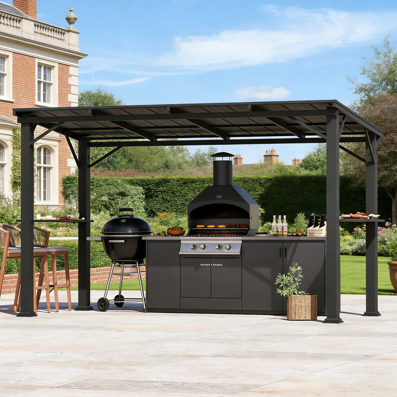 Belmont 1.8M X 3.6M Outdoor BBQ Patio Hard Top Grill Gazebo With Slop Roof, Bar Table Counter With Hooks And Opener