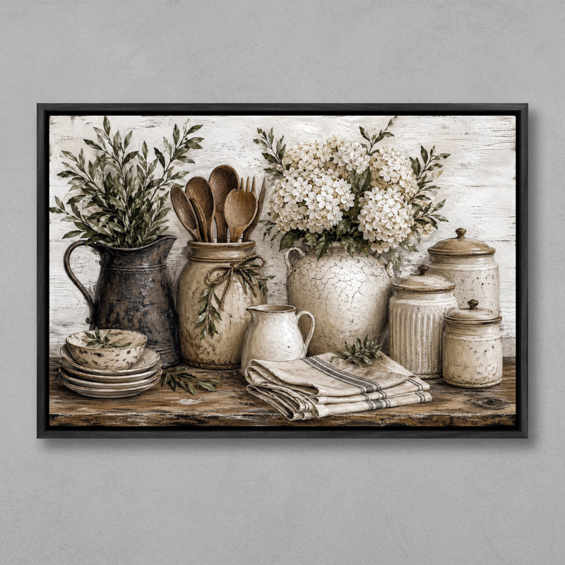 «Rustic Kitchen Still Life Floral Vase Decor», reproduction d'art encadrée, H 16 po x l 24 po, Black