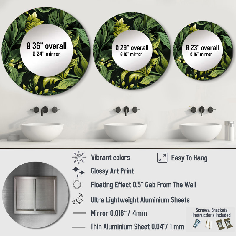 Rusbel Tropical Green Jungle Damask - miroir tropical, miroir mural rond décoratif tropical, impression d'art en métal