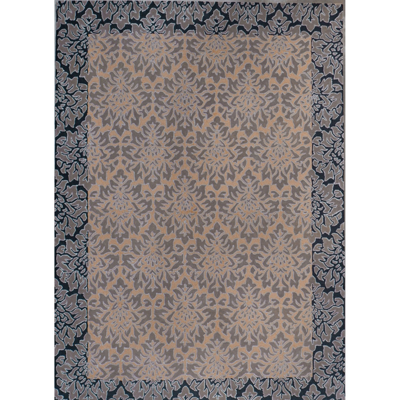 Responsible Wool Standard Flocked Damask Hand-Tufted Sustainable New Zealand Wool Traditional Area Rug Pecan Gray Black