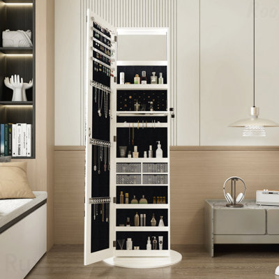 360°Swivel Jewelry Cabinet with Full Length Mirror, 360°Rotating Standing Jewelry Armoire Organizer, Lockable Storage Cabinet, Interior Lighted Mirror, White